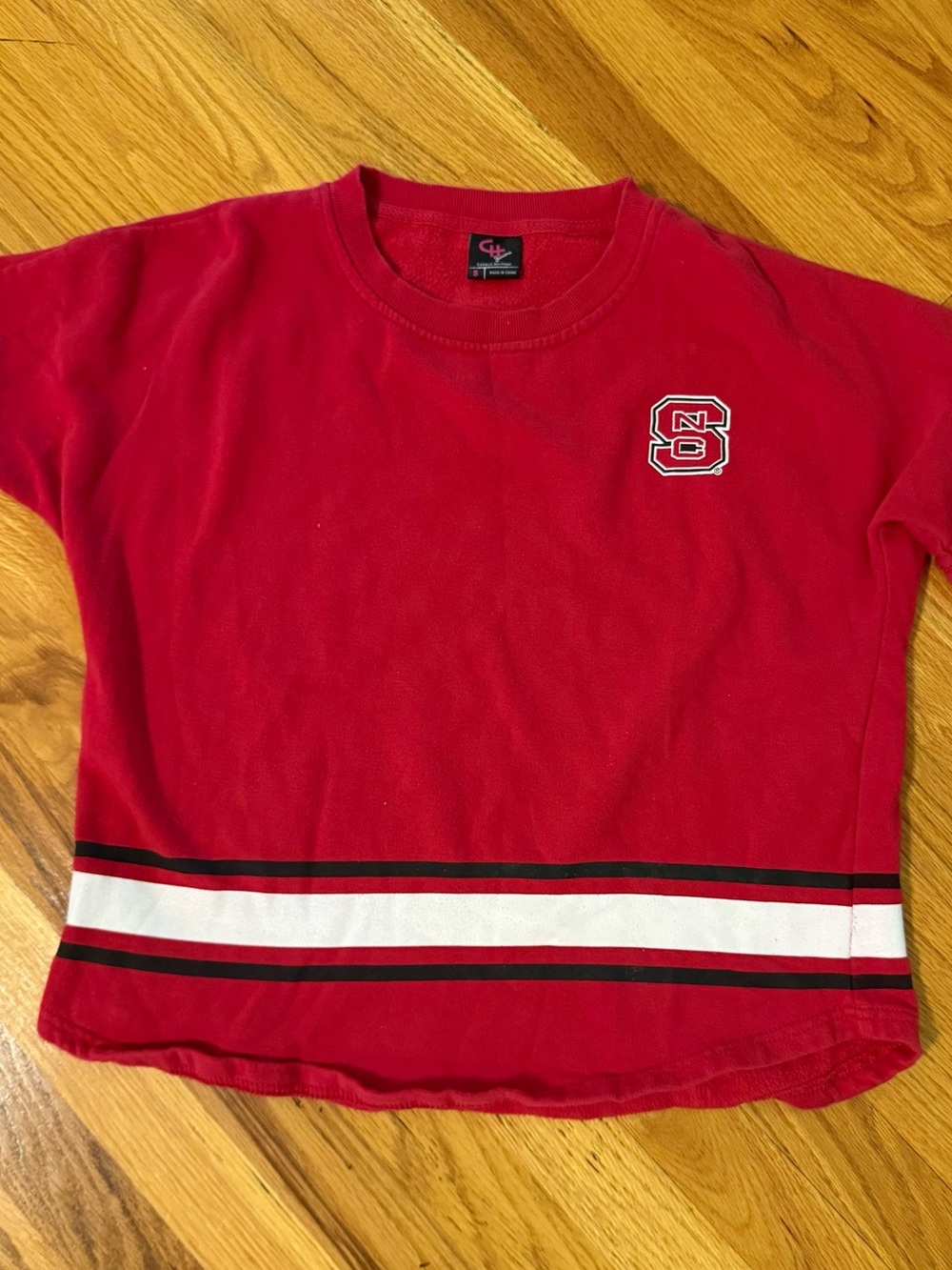 NC State Wolfpack Campus Heritage Red Long-Sleeve Crewneck Tee with Stripe Hem